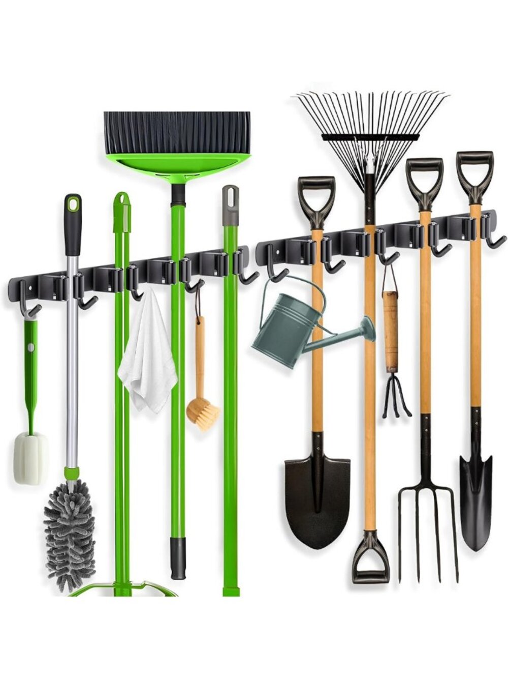 2 Pack Wall Mount Mop & Broom Holder with 4 Racks & 5 Hooks - Space-Saving
